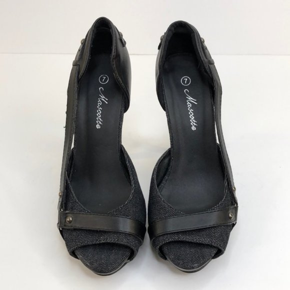 Mascotte Black Denim Peep Toe Heels, Size 7 - Picture 2 of 9